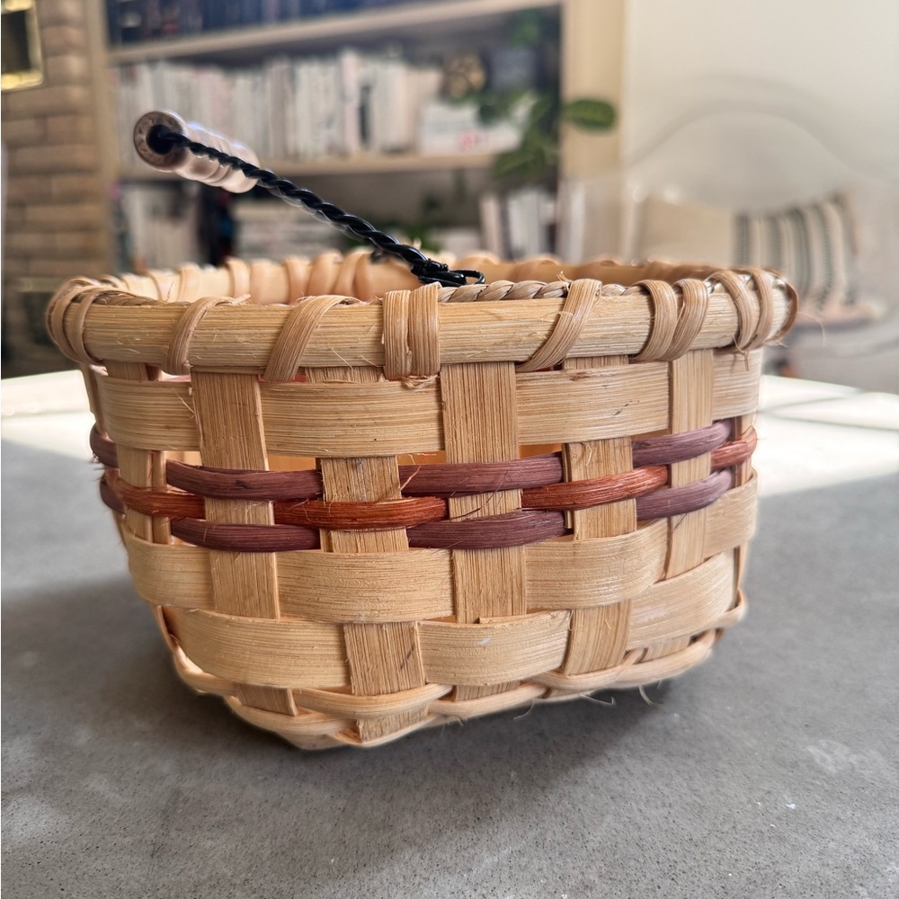 Vintage Handwoven Basket with Wood bottom and Metal and Wood Handle